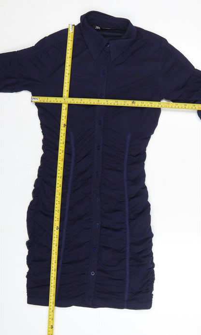 Zara Women Blue M Ruched Mesh Long Sleeve Shirt Dress