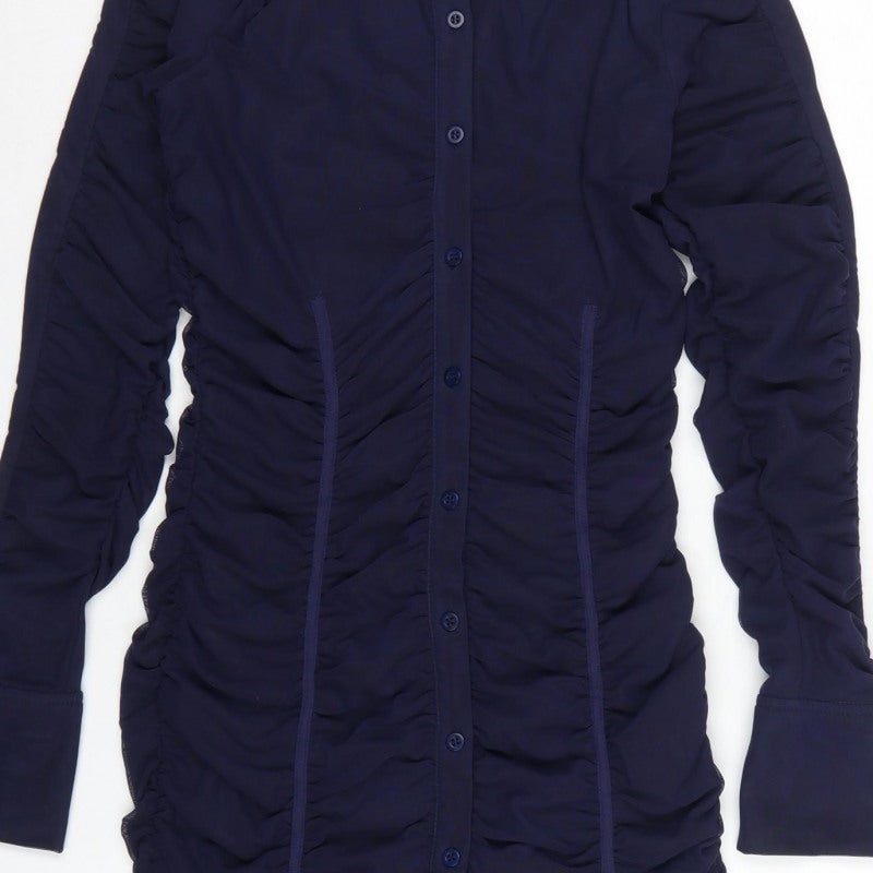 Zara Women Blue M Ruched Mesh Long Sleeve Shirt Dress
