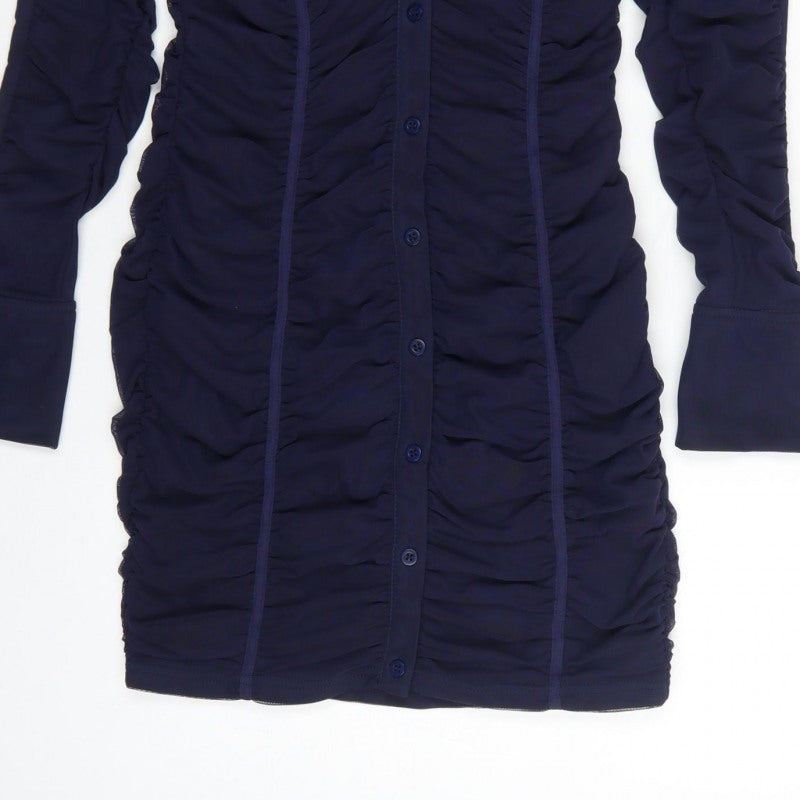 Zara Women Blue M Ruched Mesh Long Sleeve Shirt Dress