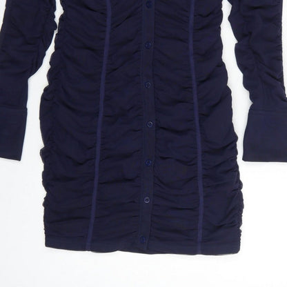 Zara Women Blue M Ruched Mesh Long Sleeve Shirt Dress