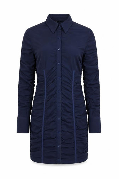 Zara Women Blue M Ruched Mesh Long Sleeve Shirt Dress