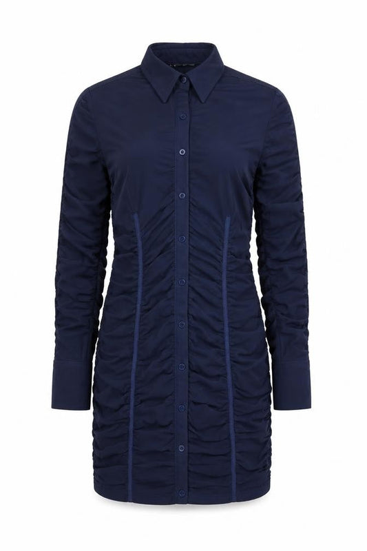 Zara Women Blue M Ruched Mesh Long Sleeve Shirt Dress