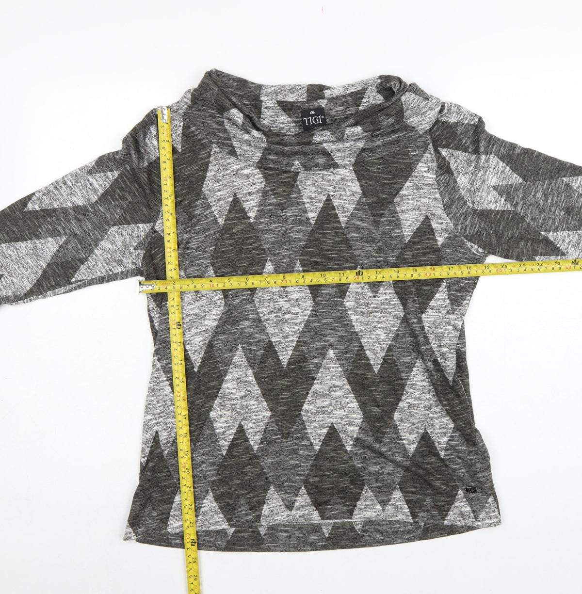 TIGI Women Grey Argyle Cowl Neck Knit Tunic Top UK 14/16