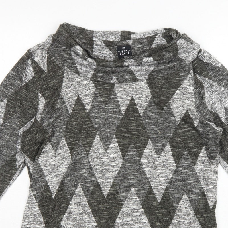 TIGI Women Grey Argyle Cowl Neck Knit Tunic Top UK 14/16