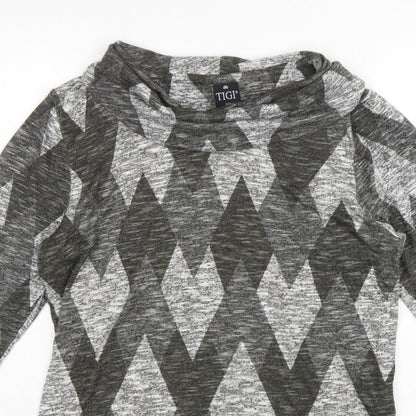 TIGI Women Grey Argyle Cowl Neck Knit Tunic Top UK 14/16