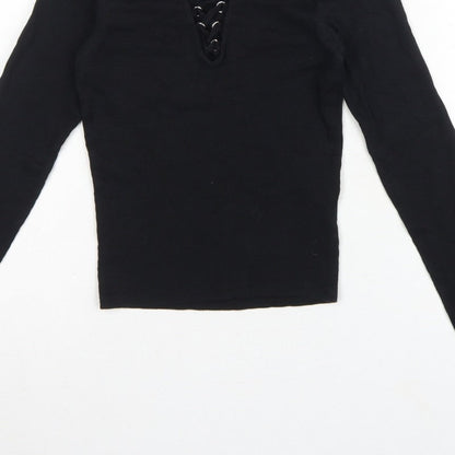 New Look Women Black UK 10 Ribbed Lace-Up V-Neck Long Sleeve Top