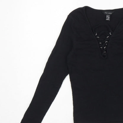 New Look Women Black UK 10 Ribbed Lace-Up V-Neck Long Sleeve Top