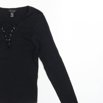 New Look Women Black UK 10 Ribbed Lace-Up V-Neck Long Sleeve Top