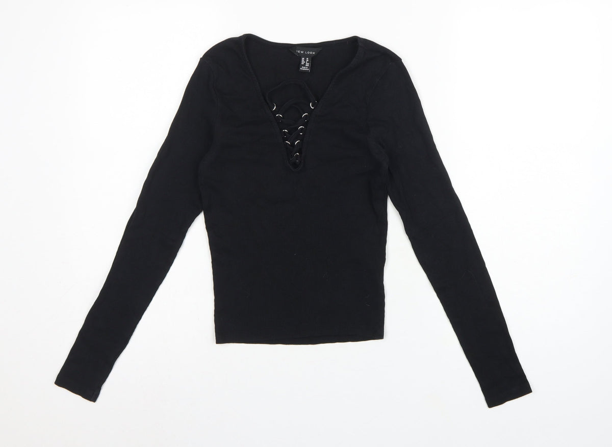 New Look Women Black UK 10 Ribbed Lace-Up V-Neck Long Sleeve Top