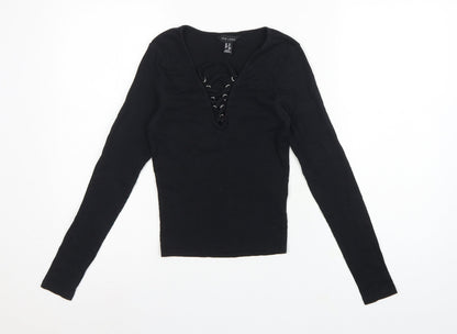 New Look Women Black UK 10 Ribbed Lace-Up V-Neck Long Sleeve Top