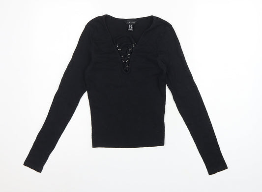 New Look Women Black UK 10 Ribbed Lace-Up V-Neck Long Sleeve Top