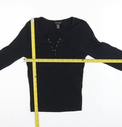 New Look Women Black UK 10 Ribbed Lace-Up V-Neck Long Sleeve Top