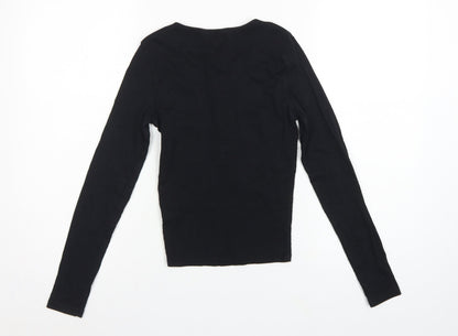 New Look Women Black UK 10 Ribbed Lace-Up V-Neck Long Sleeve Top