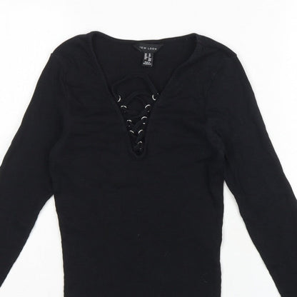 New Look Women Black UK 10 Ribbed Lace-Up V-Neck Long Sleeve Top
