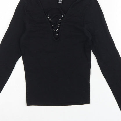 New Look Women Black UK 10 Ribbed Lace-Up V-Neck Long Sleeve Top