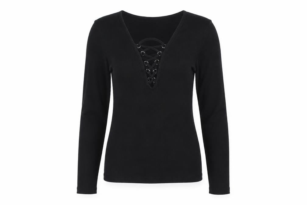 New Look Women Black UK 10 Ribbed Lace-Up V-Neck Long Sleeve Top