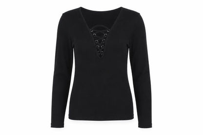 New Look Women Black UK 10 Ribbed Lace-Up V-Neck Long Sleeve Top