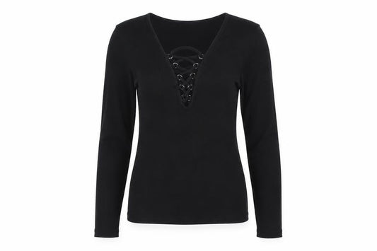 New Look Women Black UK 10 Ribbed Lace-Up V-Neck Long Sleeve Top