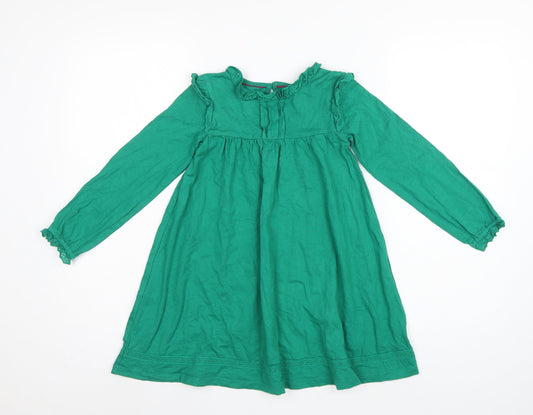 Back view of Mini Boden girls’ green cotton trapeze dress 5-6 years long sleeve