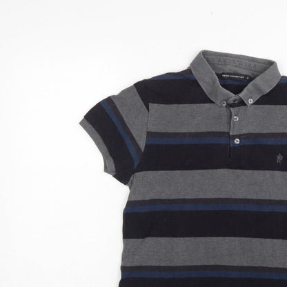 French Connection Men Grey Navy Striped Button-Down Polo Shirt M