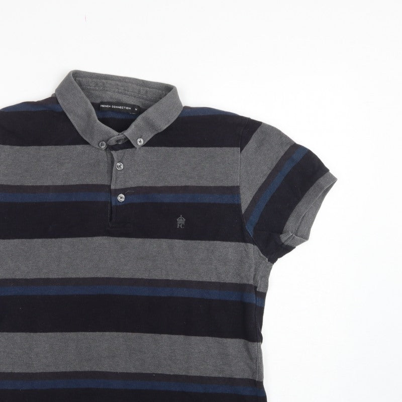 French Connection Men Grey Navy Striped Button-Down Polo Shirt M