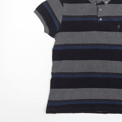 French Connection Men Grey Navy Striped Button-Down Polo Shirt M