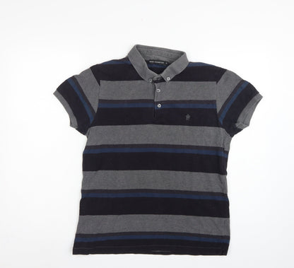 French Connection Men Grey Navy Striped Button-Down Polo Shirt M