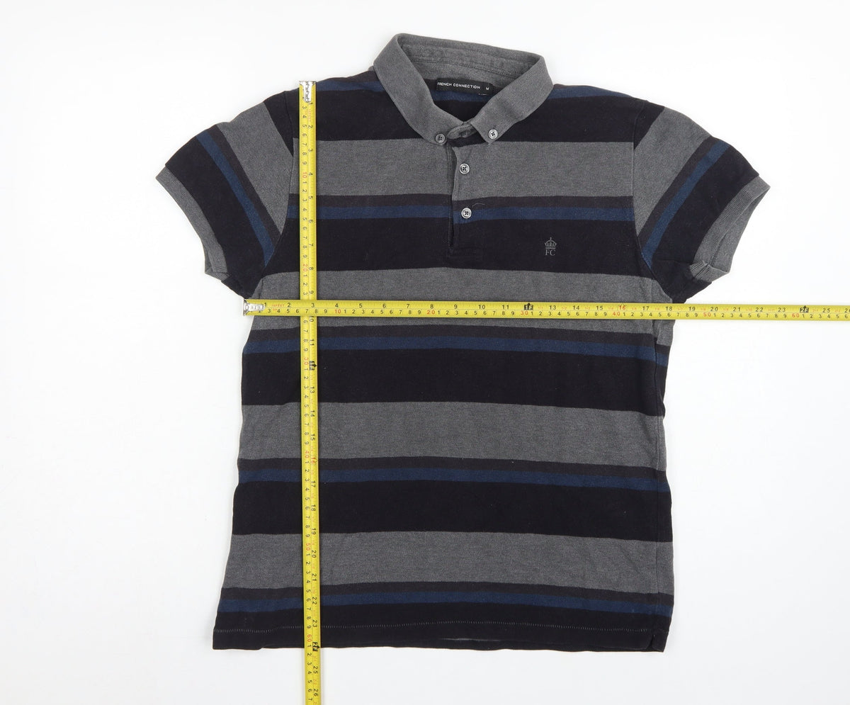 French Connection Men Grey Navy Striped Button-Down Polo Shirt M