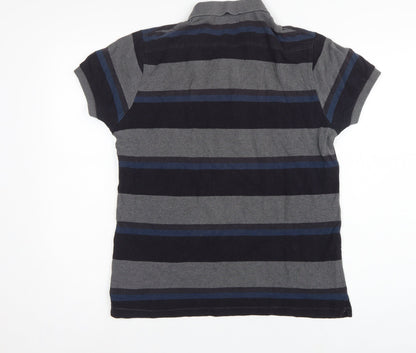 French Connection Men Grey Navy Striped Button-Down Polo Shirt M