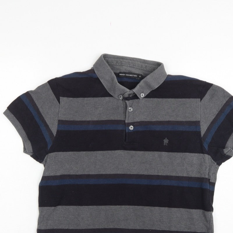 French Connection Men Grey Navy Striped Button-Down Polo Shirt M