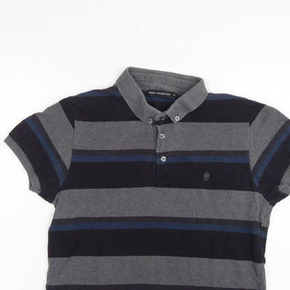 French Connection Men Grey Navy Striped Button-Down Polo Shirt M