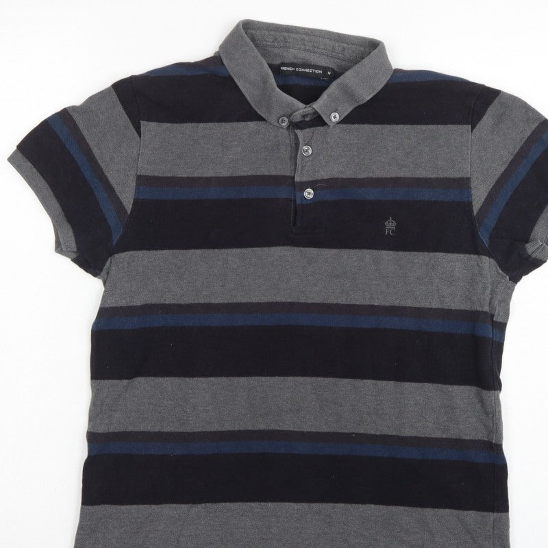 French Connection Men Grey Navy Striped Button-Down Polo Shirt M