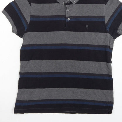 French Connection Men Grey Navy Striped Button-Down Polo Shirt M