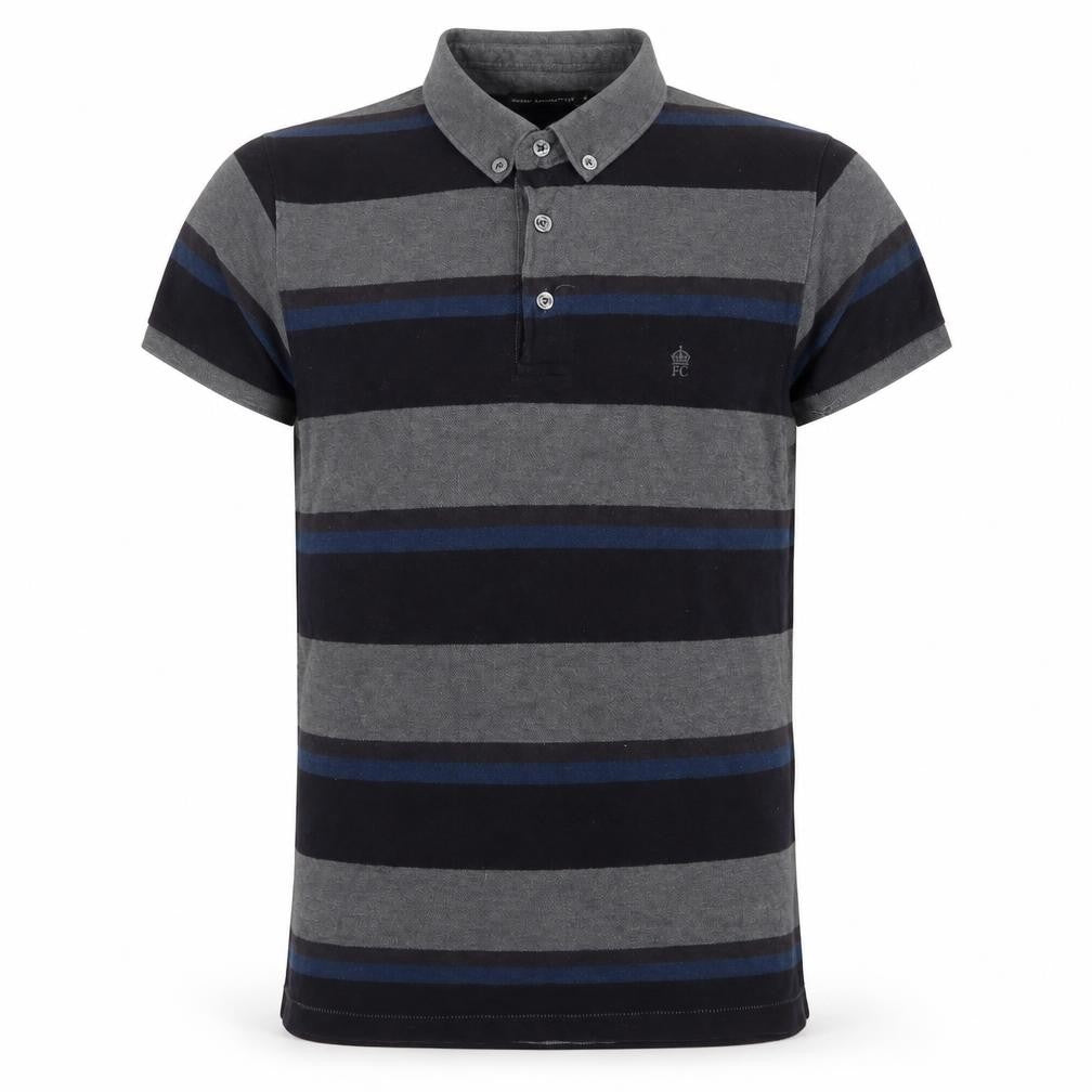 French Connection Men Grey Navy Striped Button-Down Polo Shirt M