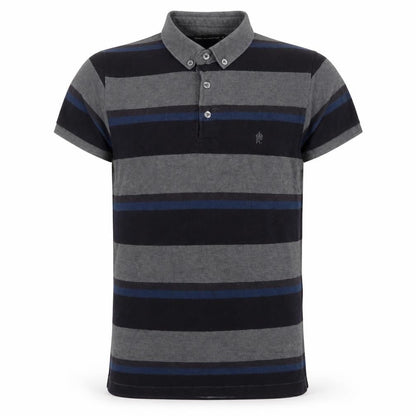 French Connection Men Grey Navy Striped Button-Down Polo Shirt M