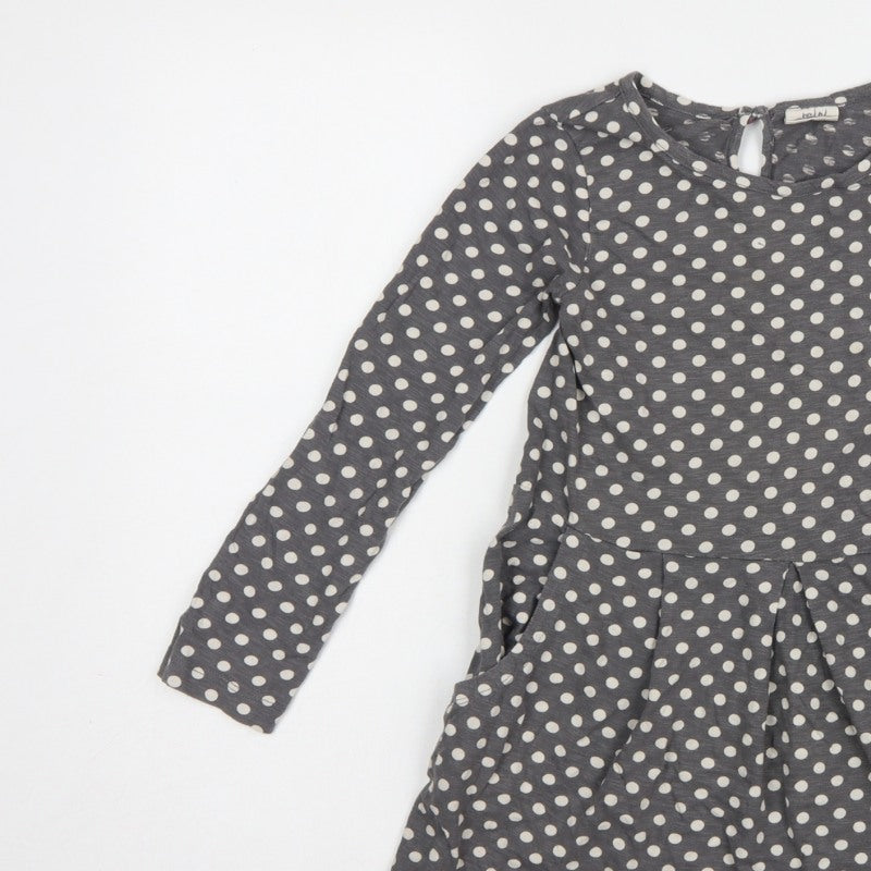 Mini Boden Girls Grey Polka Dot Skater Dress 7-8 Years Long Sleeve