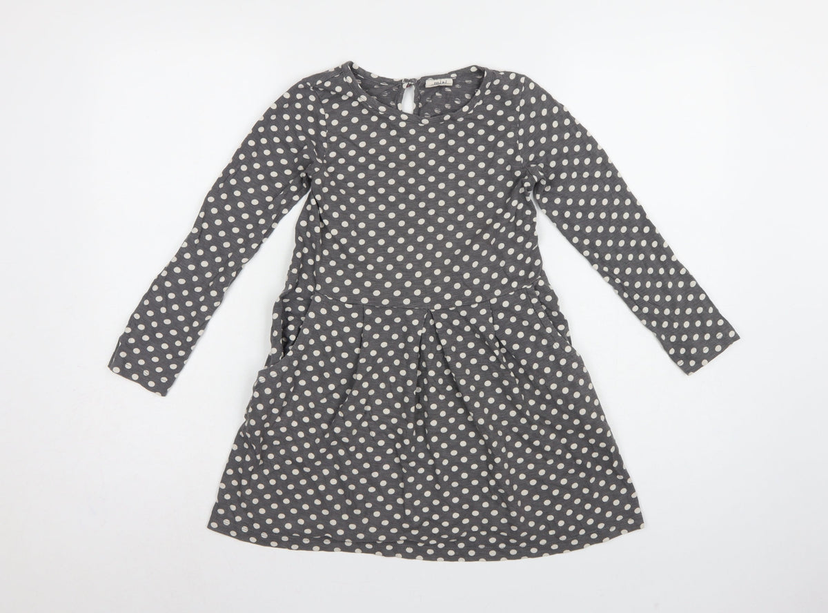 Mini Boden Girls Grey Polka Dot Skater Dress 7-8 Years Long Sleeve