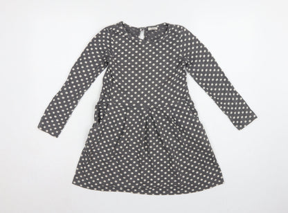 Mini Boden Girls Grey Polka Dot Skater Dress 7-8 Years Long Sleeve