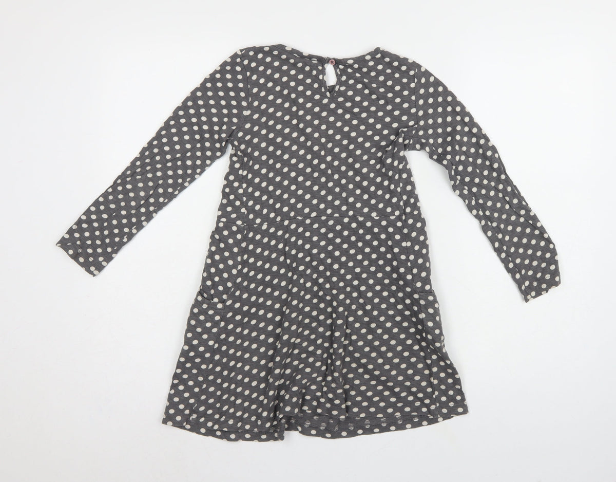 Mini Boden Girls Grey Polka Dot Skater Dress 7-8 Years Long Sleeve