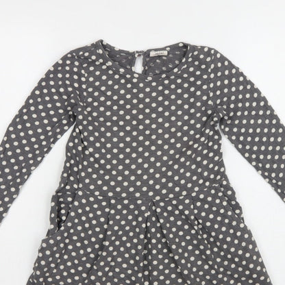 Mini Boden Girls Grey Polka Dot Skater Dress 7-8 Years Long Sleeve