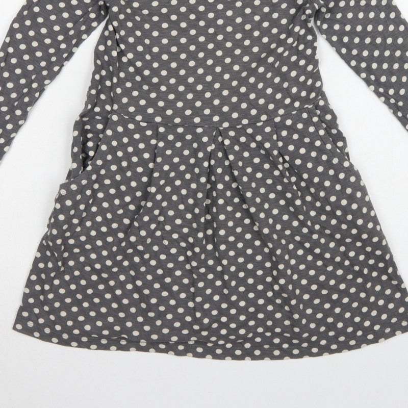 Mini Boden Girls Grey Polka Dot Skater Dress 7-8 Years Long Sleeve