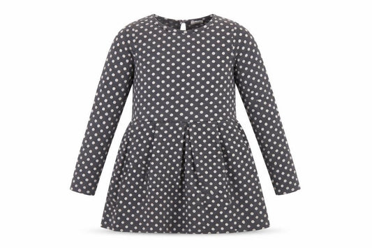 Front view of Mini Boden girls’ grey polka dot skater dress 7-8 years long sleeve