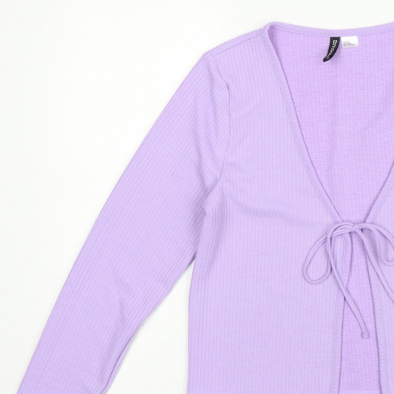 H&M Women Purple M Rib Knit Tie Front Wrap Blouse Long Sleeve
