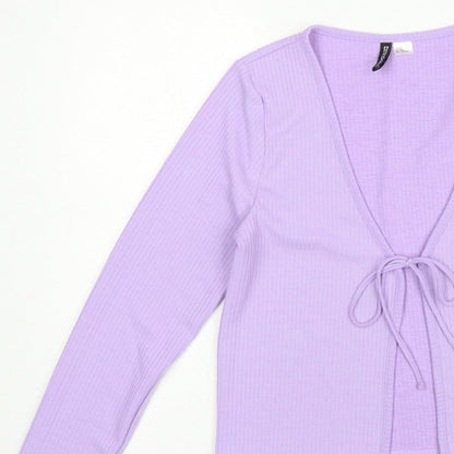 H&M Women Purple M Rib Knit Tie Front Wrap Blouse Long Sleeve