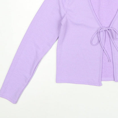 H&M Women Purple M Rib Knit Tie Front Wrap Blouse Long Sleeve