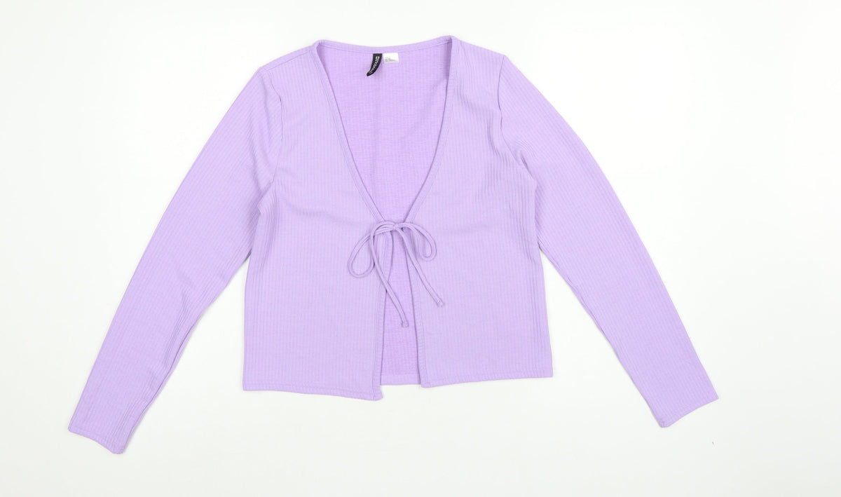 H&M Women Purple M Rib Knit Tie Front Wrap Blouse Long Sleeve