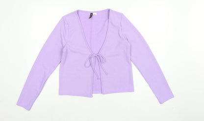 H&M Women Purple M Rib Knit Tie Front Wrap Blouse Long Sleeve