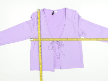 H&M Women Purple M Rib Knit Tie Front Wrap Blouse Long Sleeve