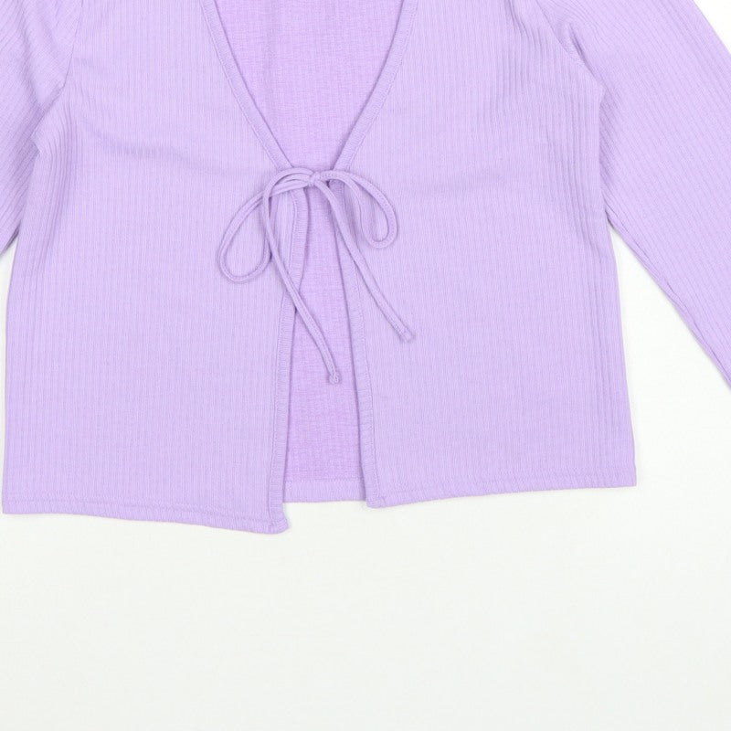 H&M Women Purple M Rib Knit Tie Front Wrap Blouse Long Sleeve