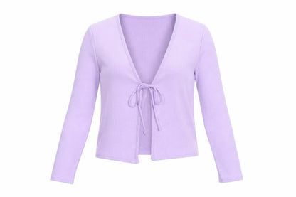 H&M Women Purple M Rib Knit Tie Front Wrap Blouse Long Sleeve